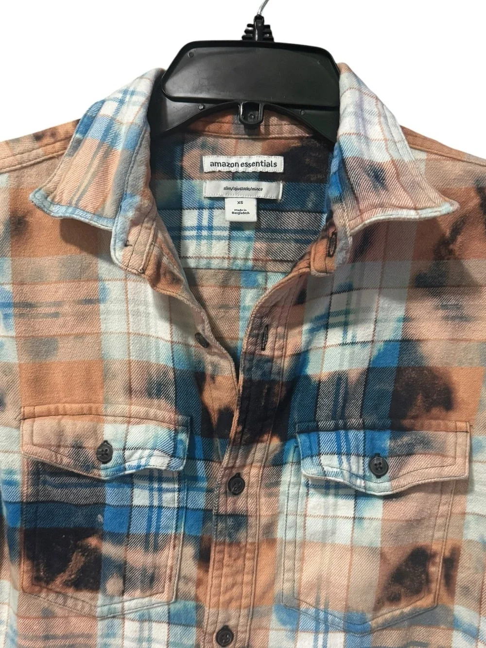 Upcycled Bleach Dyed Flannel Shirt XS 18.5” P2P Blue/Peach NWOT